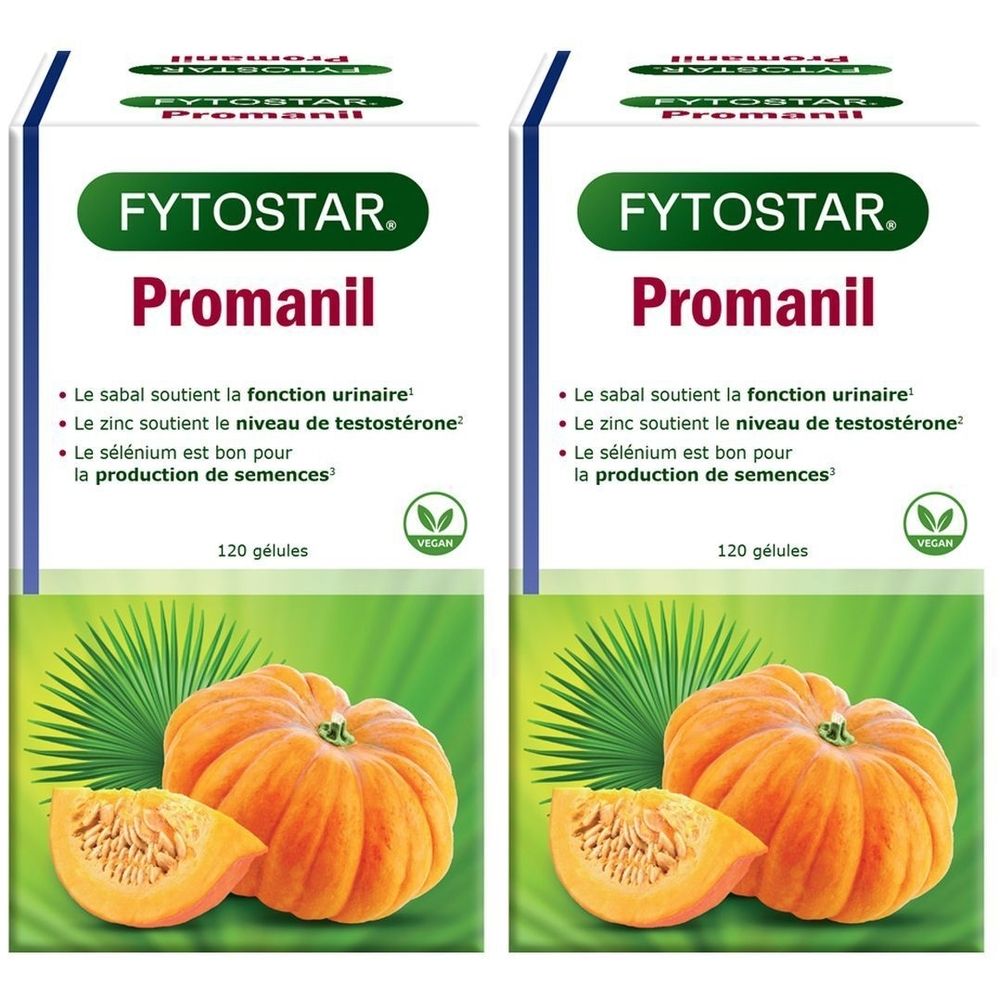 Boîte de Fytostar Promanil. Blanc, vert et orange. Contient 120 gélules. Label vegan. Illustration de citrouille.