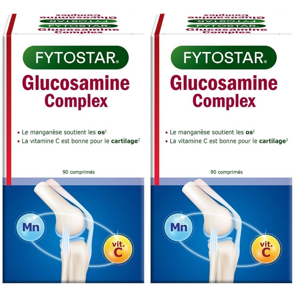 Deux boîtes de Fytostar Glucosamine Complex. Inscription: 90 comprimés. Illustration d'un genou avec Mn et vit. C.