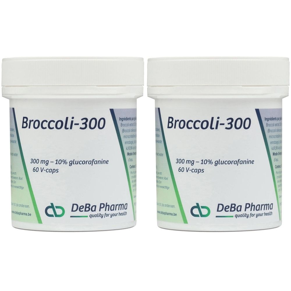 Deux boîtes blanches avec "Broccoli-300". Contient 300 mg - 10% glucoraphanine, 60 V-caps. Marque: DeBa Pharma.