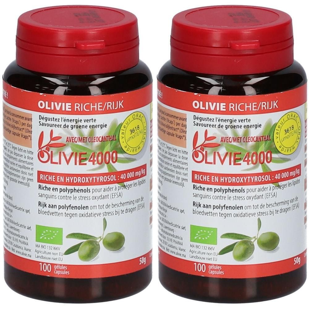 Deux flacons Olivie Riche 4000. Bouchons rouges, étiquettes vertes avec texte. Contient une illustration d'olive et certifications.