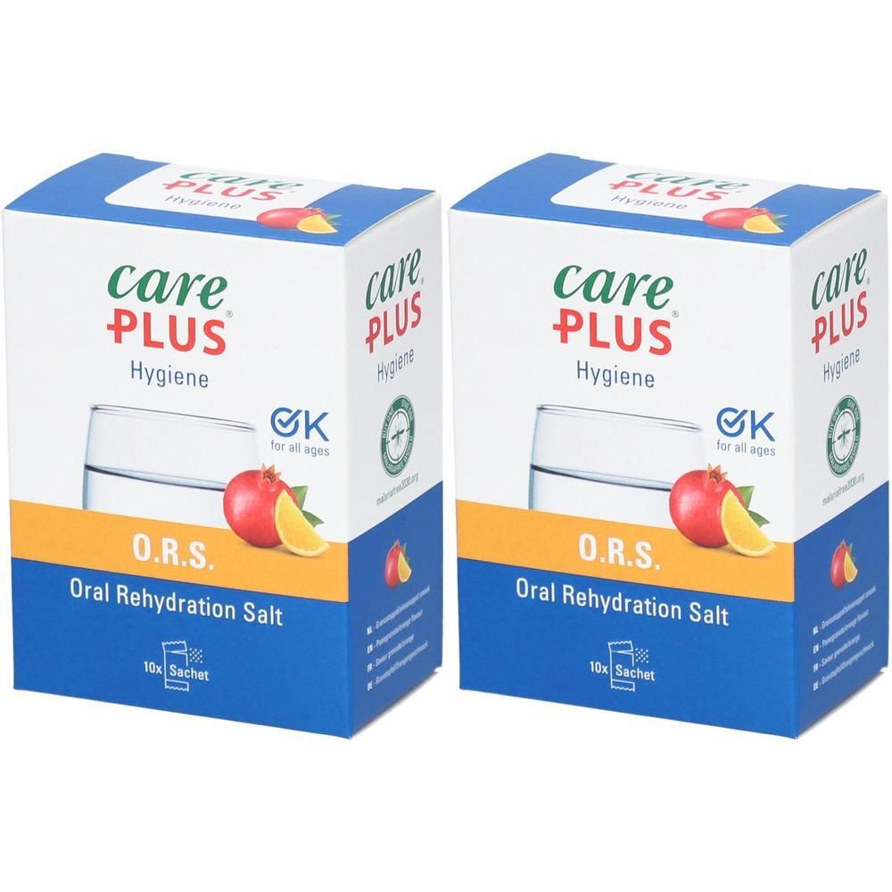 Deux boîtes Care Plus O.R.S. avec texte, image de grenade et citron. 10 sachets.
