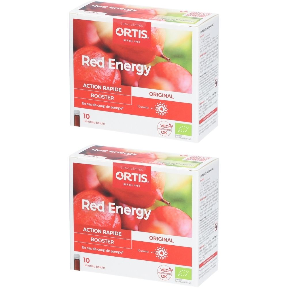 Deux boîtes de "Red Energy" Ortis. Inscription "Action Rapide Booster". Contient 10 sachets. Labels bio et vegan.