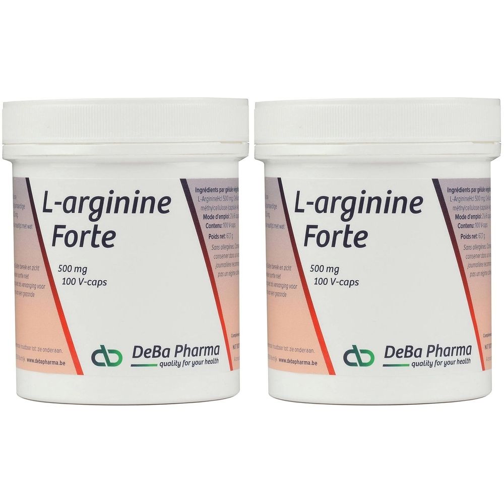 Deux pots blancs avec couvercles. Inscription : L-arginine Forte, 500 mg, 100 V-caps. Marque : DeBa Pharma.