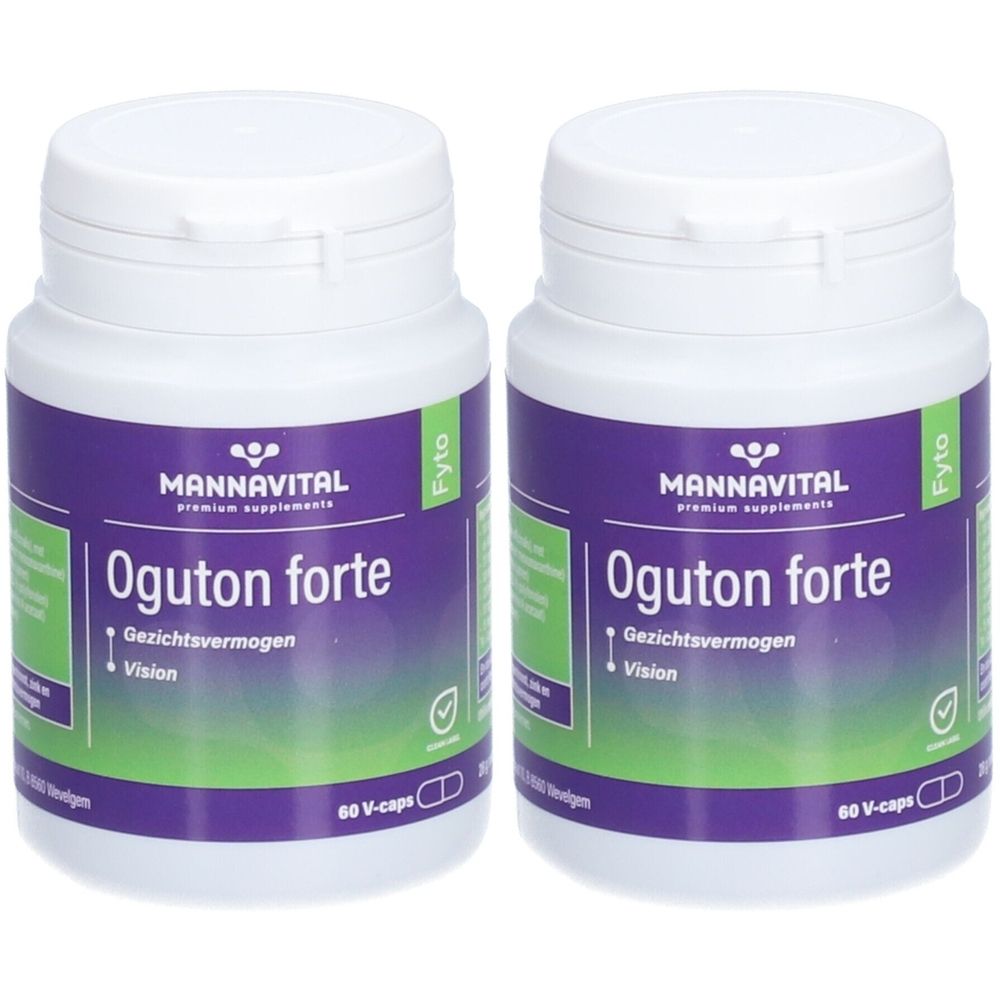 Deux flacons blancs avec des étiquettes violettes. Les étiquettes indiquent "MANNAVITAL Oguton forte" et "Vision".