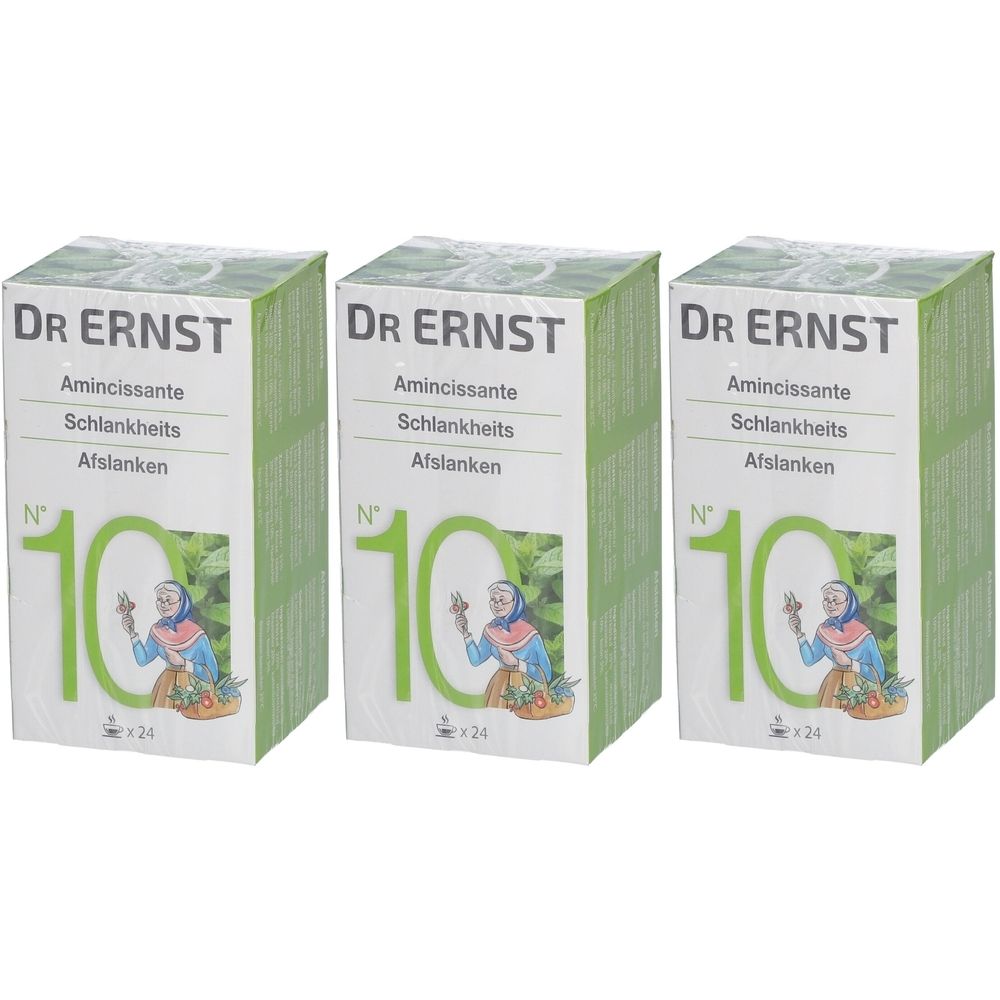 Trois boîtes de tisane "Dr. Ernst". Inscription : Amincissante, Schlankheits, Afslanken. Numéro 10 et illustration.