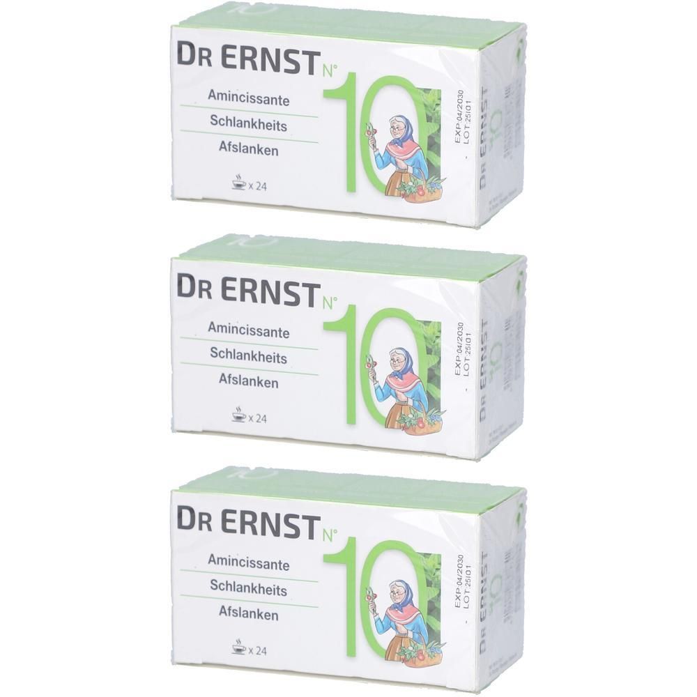 Trois boîtes de DR. ERNST's Nr. 10 Amincissante. Emballage vert et blanc avec texte et illustration.