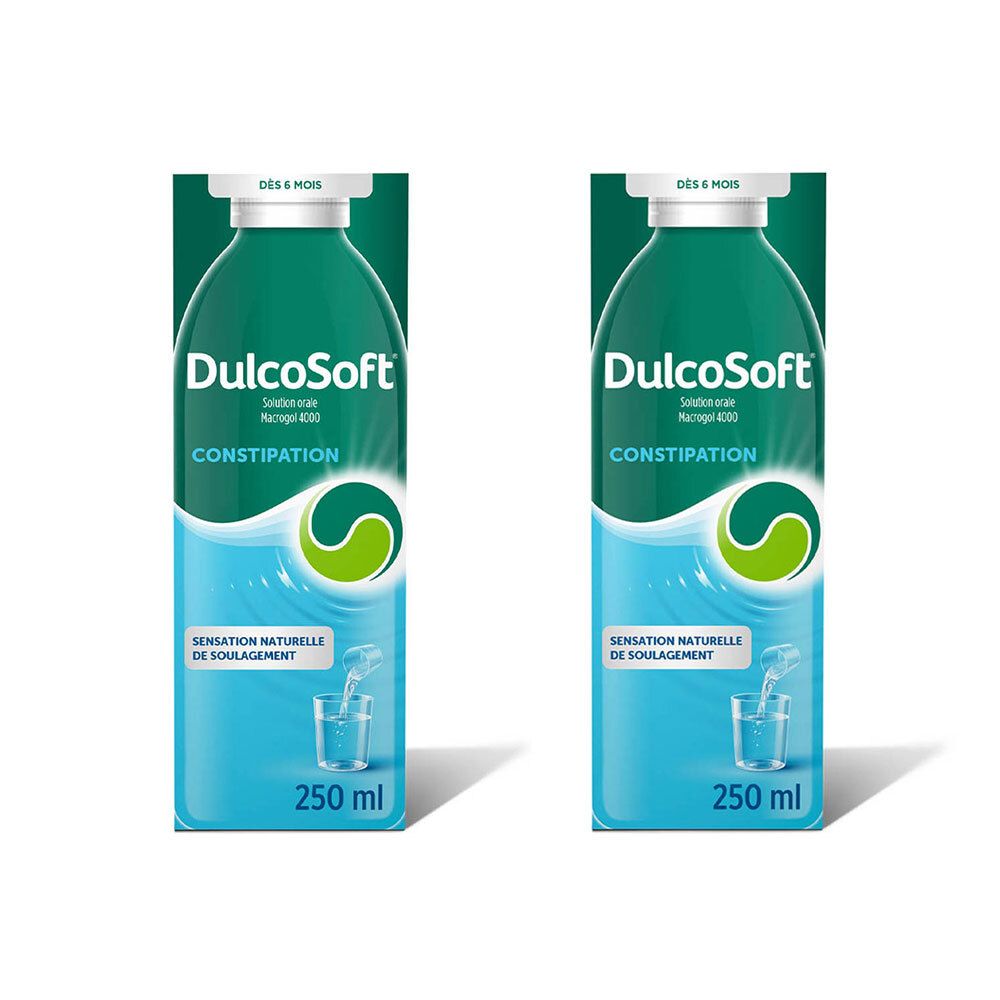 Deux flacons de DulcoSoft. Flacons verts avec étiquette bleue. Texte: Solution orale, Macrogol 4000, Constipation, 250 ml.