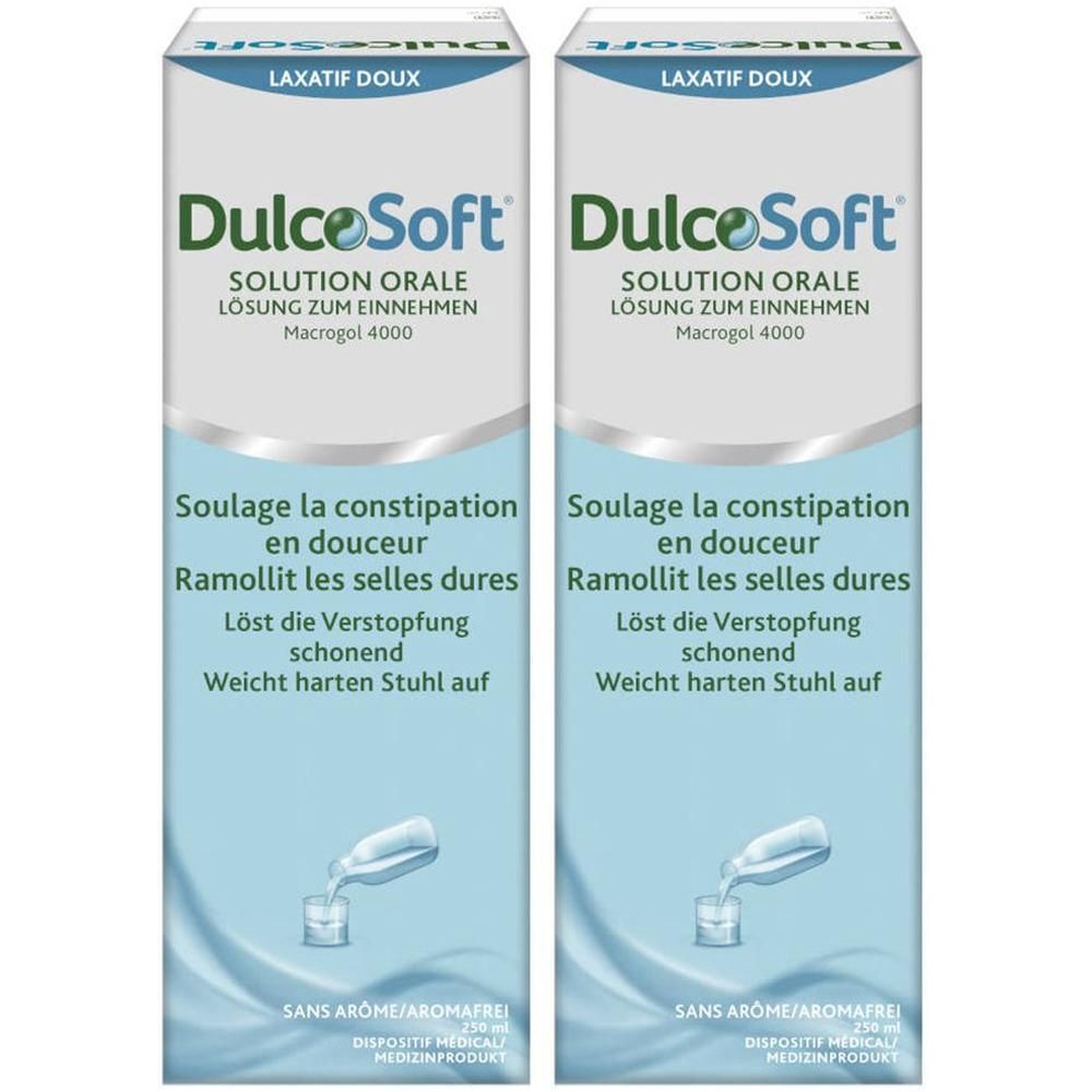 Deux boîtes de DulcoSoft Solution orale. Emballage blanc et vert. Texte: Laxatif doux, Solution orale, Macrogol 4000.
