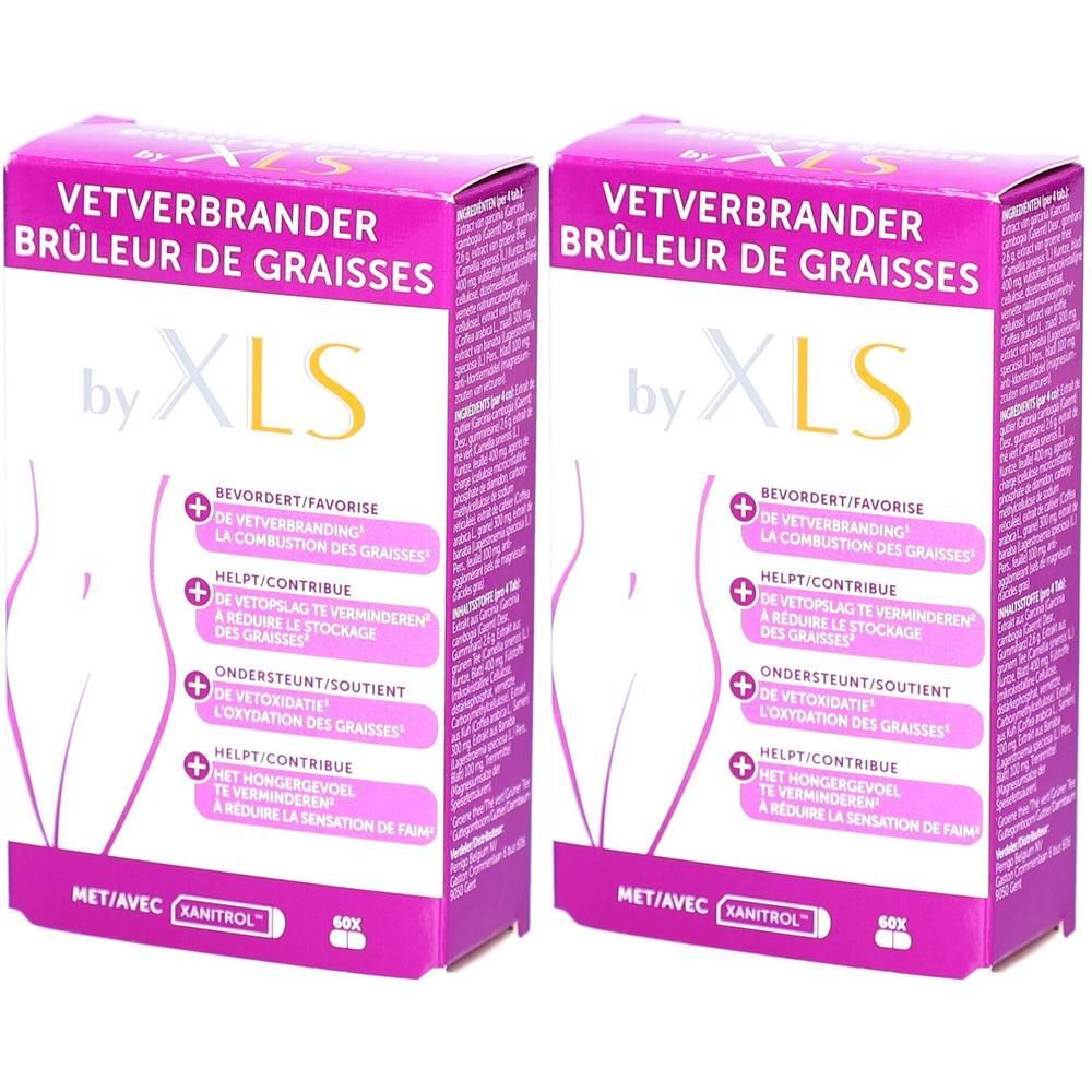 Deux boîtes 'VETVERBRANDER BRÛLEUR DE GRAISSES' et 'by XLS'. Emballage rose et blanc, texte en plusieurs langues.