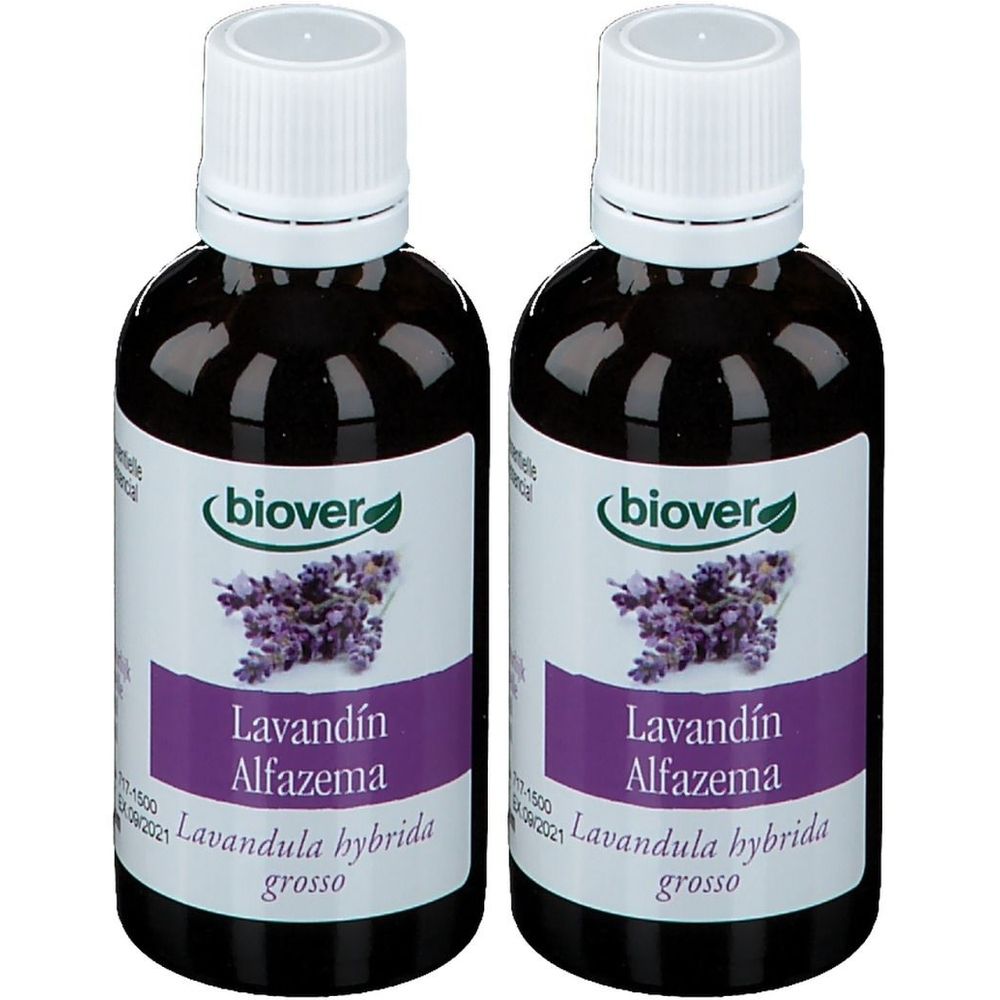 Deux flacons avec bouchons blancs et étiquettes. Inscription: Biover, Lavandin Alfazema, Lavandula hybrida grosso.