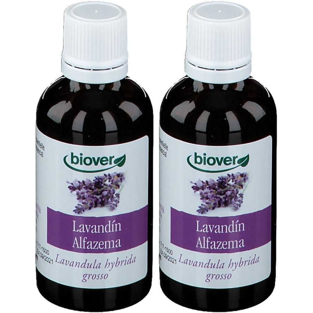 Deux flacons avec bouchons blancs et étiquettes. Inscription: Biover, Lavandin Alfazema, Lavandula hybrida grosso.