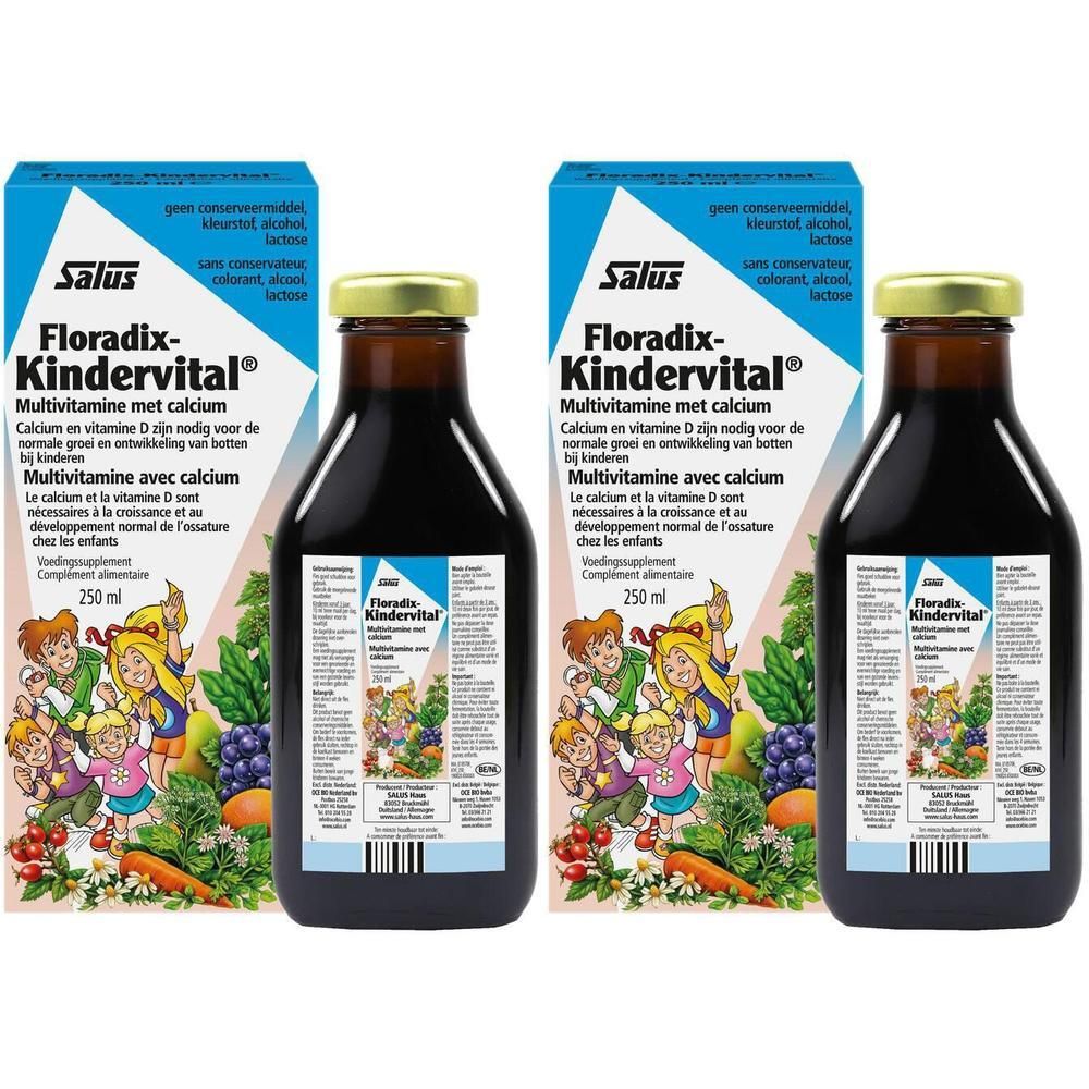 Deux bouteilles et deux boîtes de Salus® Floradix® Kindervital. Bouteilles avec contenu brun, bouchon doré. Boîtes avec nom du produit et illustrations.