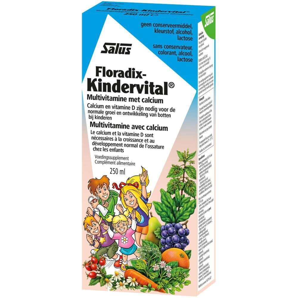 Emballage Salus® Floradix® Kindervital. Boîte bleue avec nom du produit, illustrations d'enfants et de légumes. 250 ml.