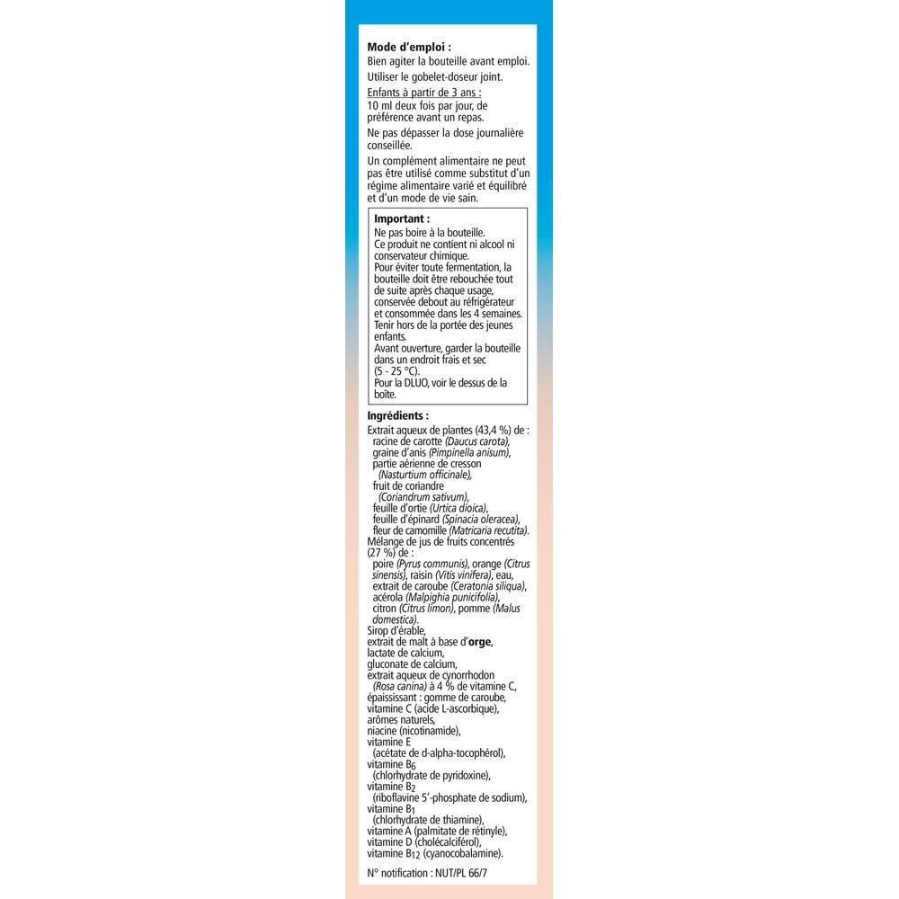 Dos de l'emballage Salus® Floradix® Kindervital. Texte en français, liste des ingrédients, mode d'emploi et informations importantes.