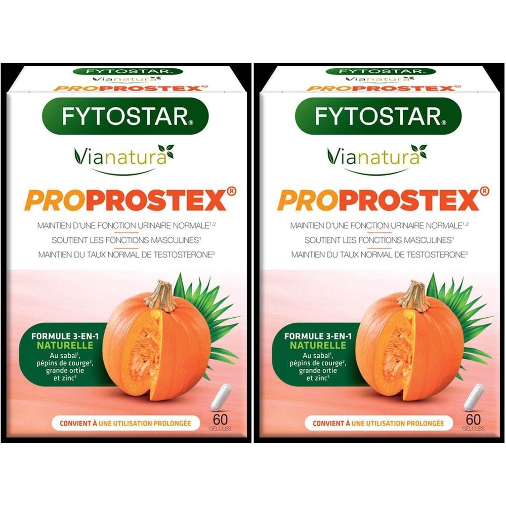 Deux boîtes de Fytostar Proprostex. Boîtes blanches avec logo, nom du produit et illustration de citrouille. 60 gélules.