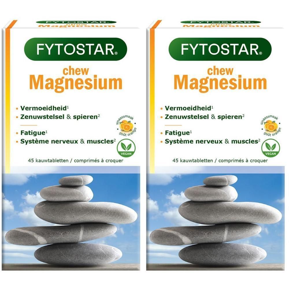 Deux boîtes de Fytostar Chew Magnesium. Boîtes blanches avec texte vert. Empilement de pierres en premier plan.