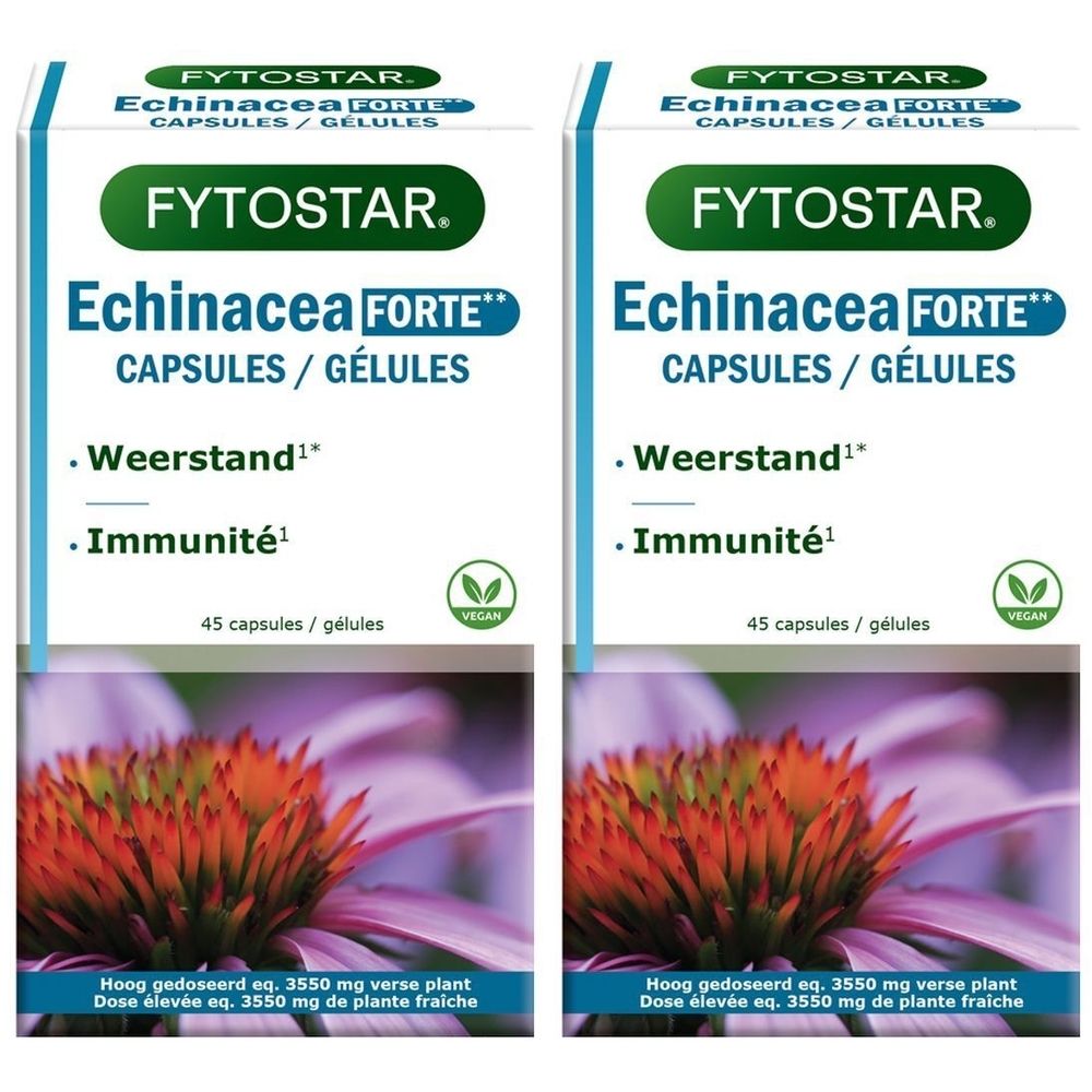 Deux boîtes de gélules Fytostar Echinacea Forte. Inscriptions : Weerstand, Immunité, 45 gélules, label Vegan.