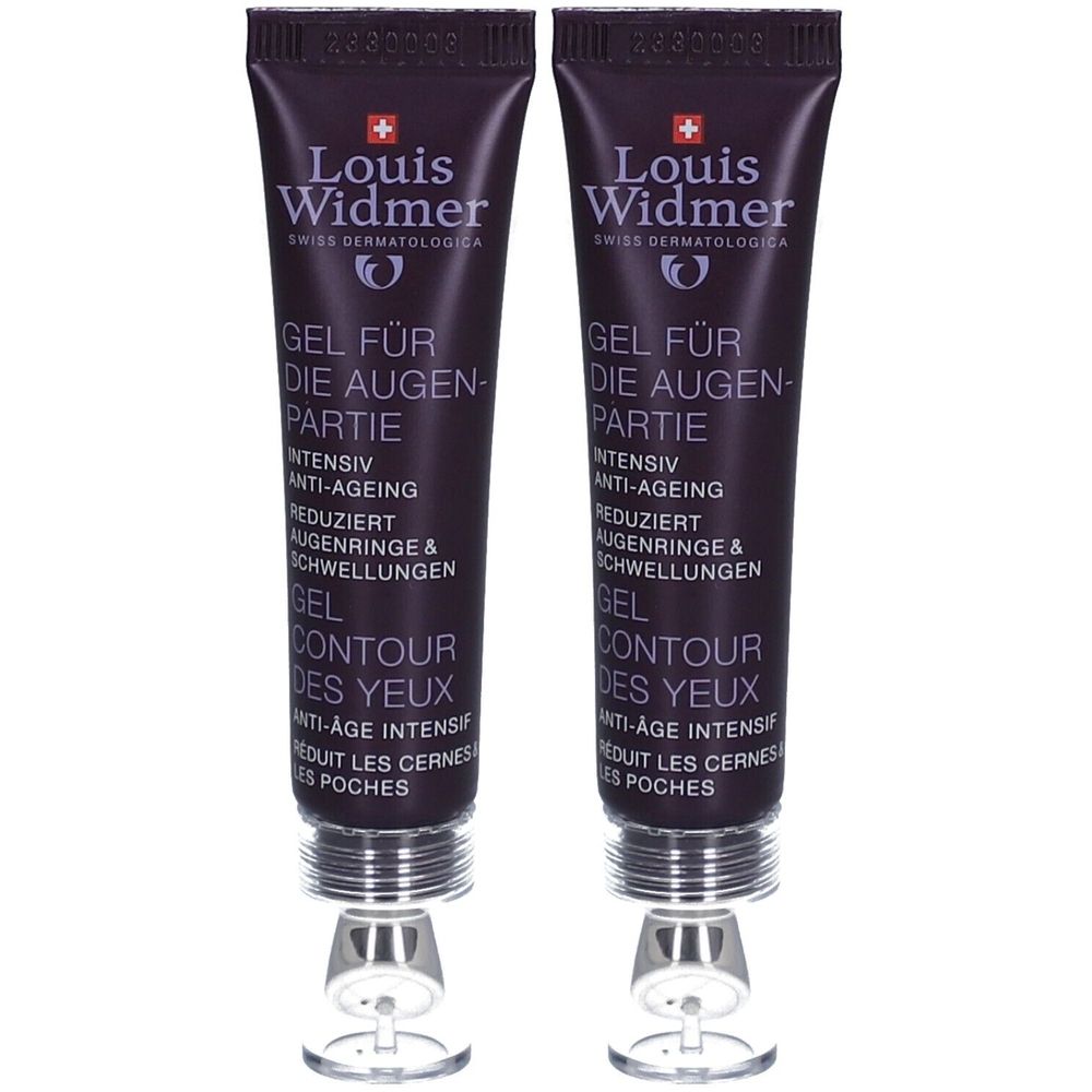 Deux tubes de Proderm Gel Contour des Yeux. Tubes violets foncés avec bouchons argentés et applicateurs. Texte: Louis Widmer, Gel pour le contour des yeux.