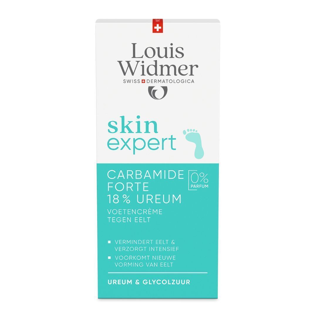 Deux tubes de Skin Expert Carbamide Forte 18% Urée avec offre 1+1. Crème anti-callosités. Emballage blanc et turquoise.