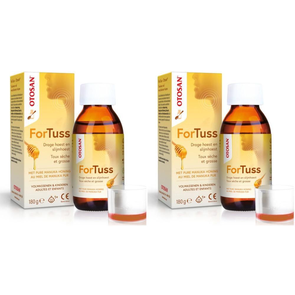 Deux flacons et deux gobelets doseurs. Boîtes avec nom et logo du produit. Illustration de miel.