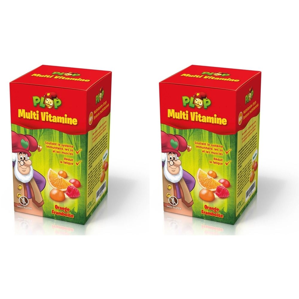Deux boîtes de Plop Multivitamine Gummidrops. Emballage rouge avec nom du produit et illustrations de fruits et d'un personnage.