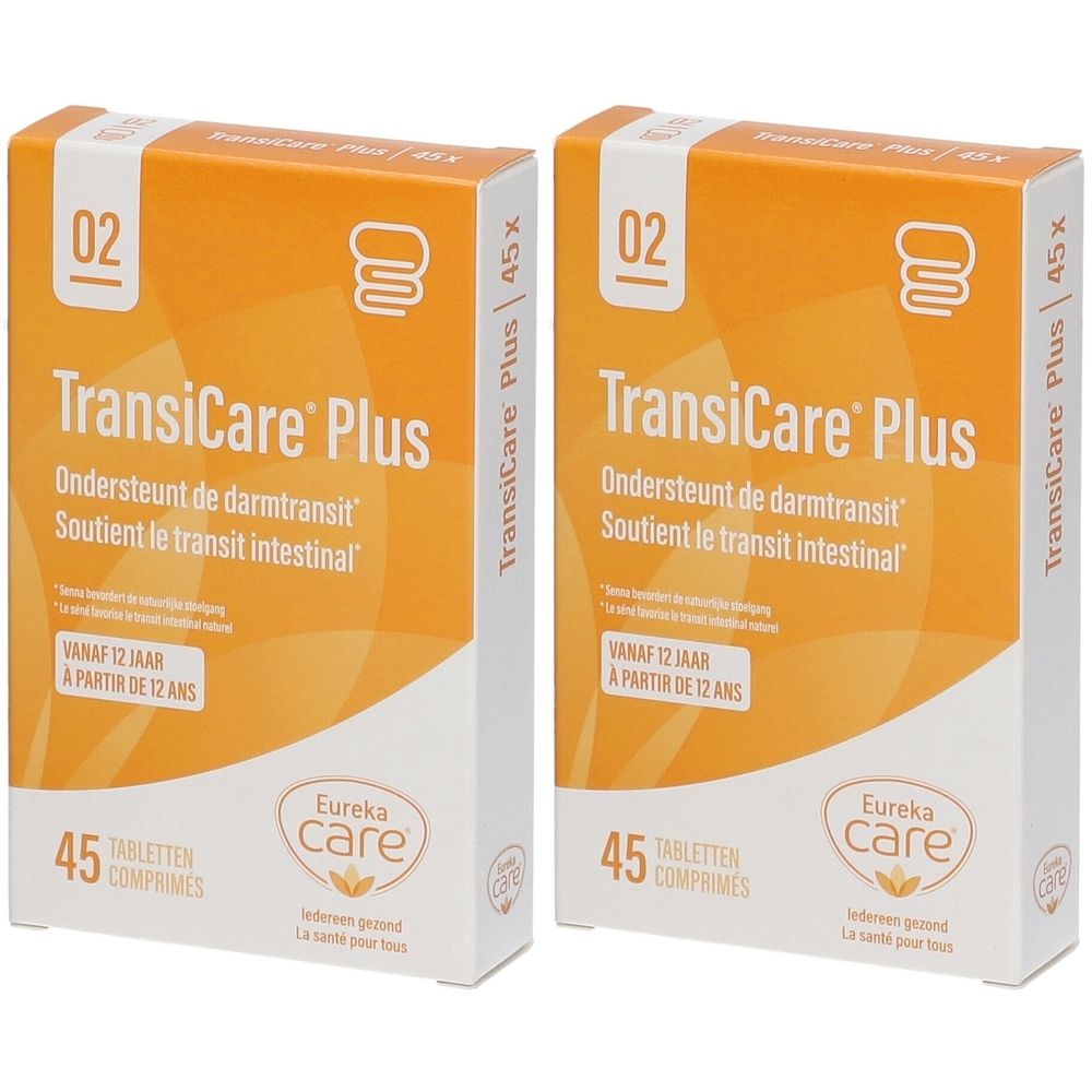 Deux boîtes de TransiCare Plus. Emballage orange avec nom et logo du produit. 45 comprimés.