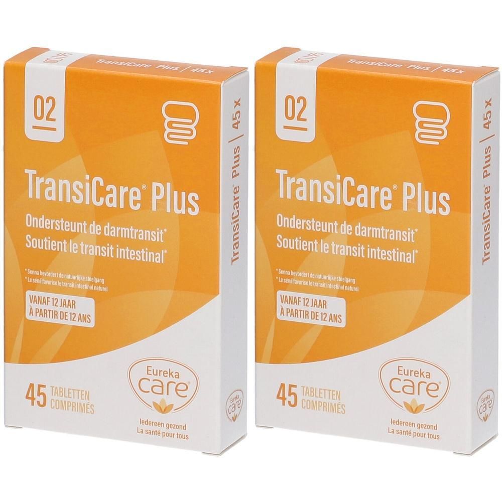 Deux boîtes de TransiCare Plus. Emballage orange avec nom et logo du produit. 45 comprimés.