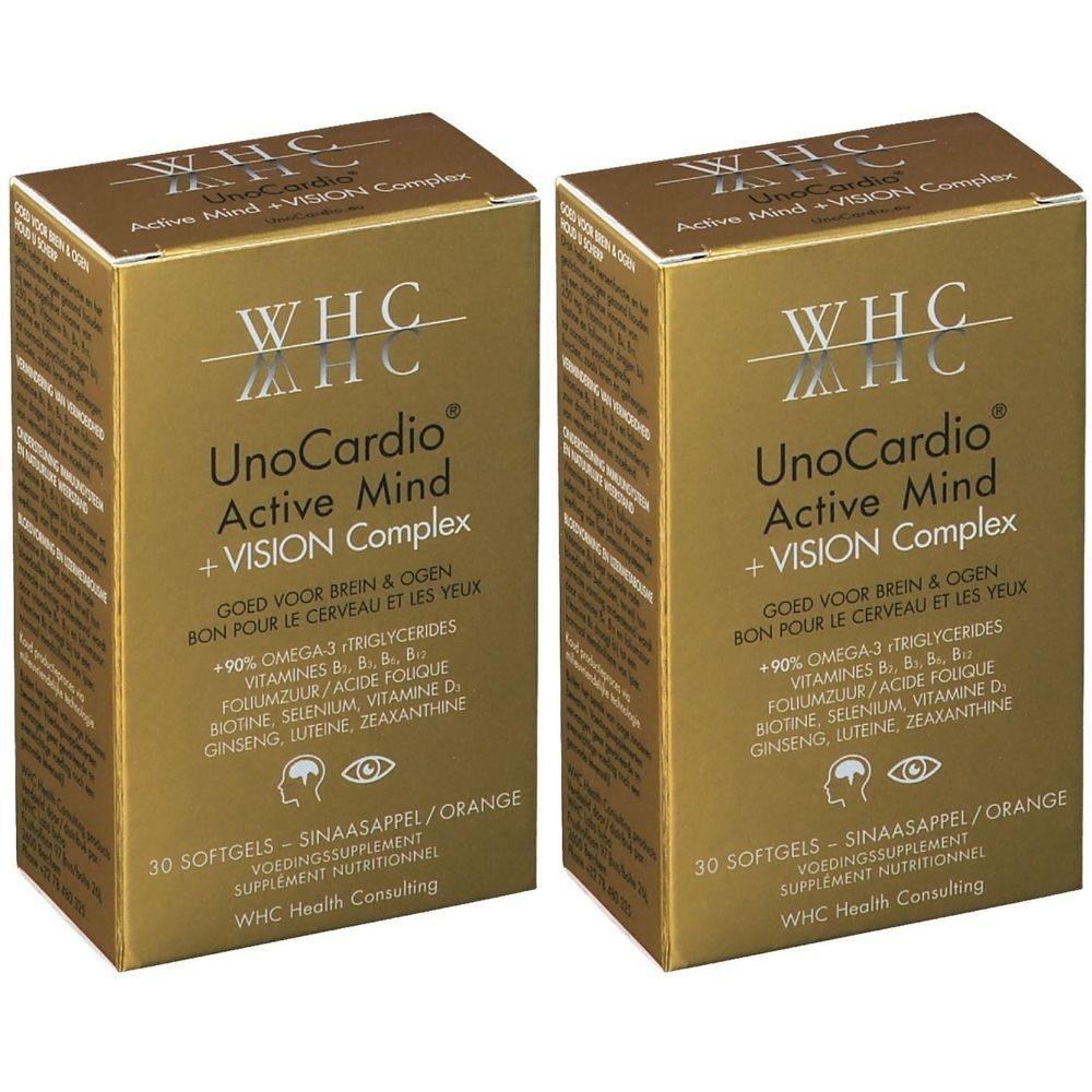 Deux boîtes dorées "WHC UnoCardio Active Mind + VISION Complex". Contient 30 gélules. Ingrédients visibles.