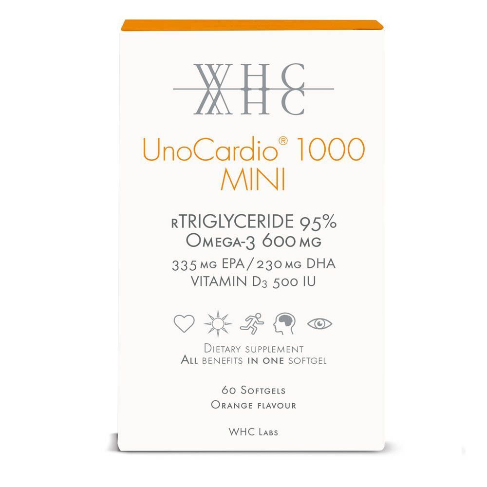 Boîte blanche WHC UnoCardio 1000 Mini. Inscription : rTriglycérides 95%, Oméga-3 600 mg, EPA/DHA, Vitamine D3. 60 gélules.