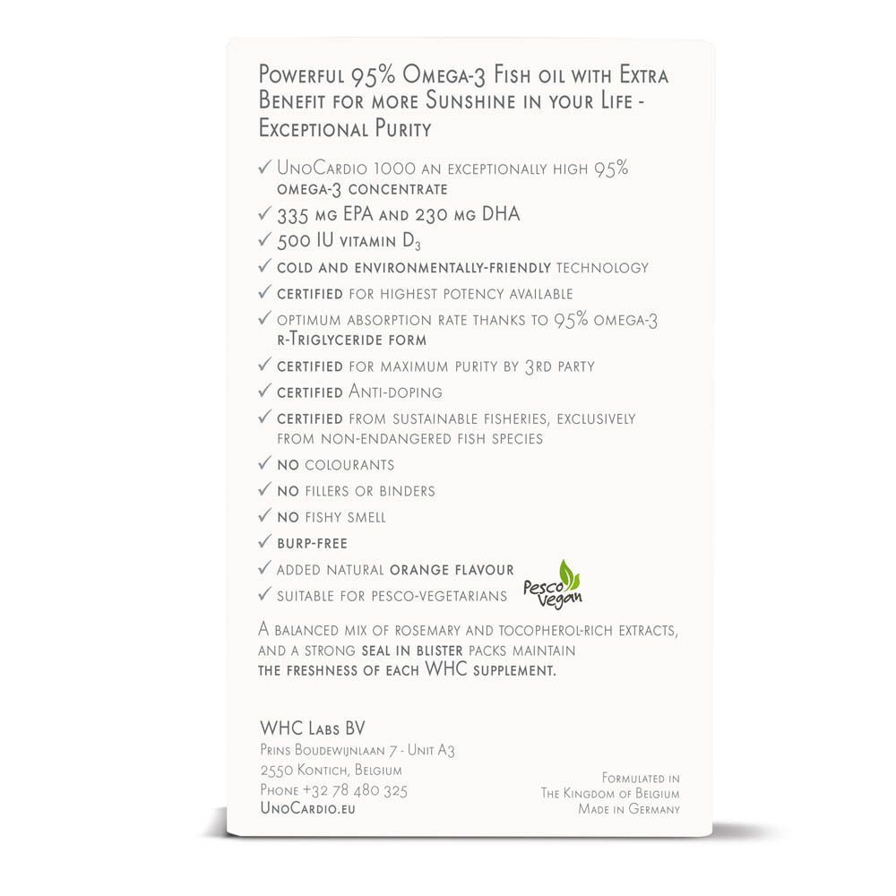 Dos de la boîte. Liste des avantages d'UnoCardio 1000. Certifications : Vegan, Pesco Vegan. Texte : UnoCardio.eu.