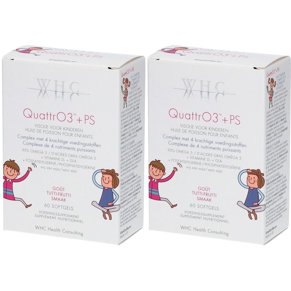 Deux boîtes blanches avec texte. Inscription: WHC QuattrO3+PS, pour enfants. Contient 60 gélules. Avec illustrations.