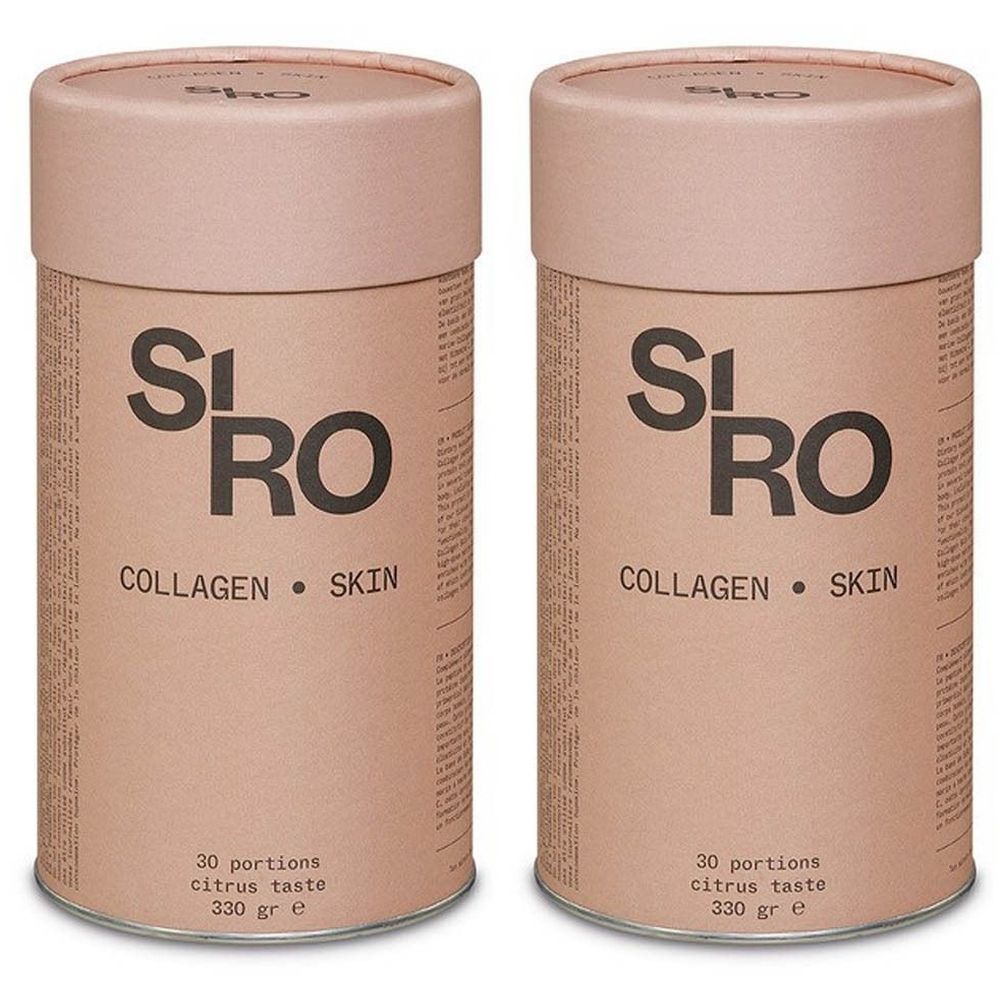 Deux contenants cylindriques "SiRo Collagen Skin". Autocollant 1+1 GRATUIT. 30 portions, goût citrus. Couvercles et contenants roses.