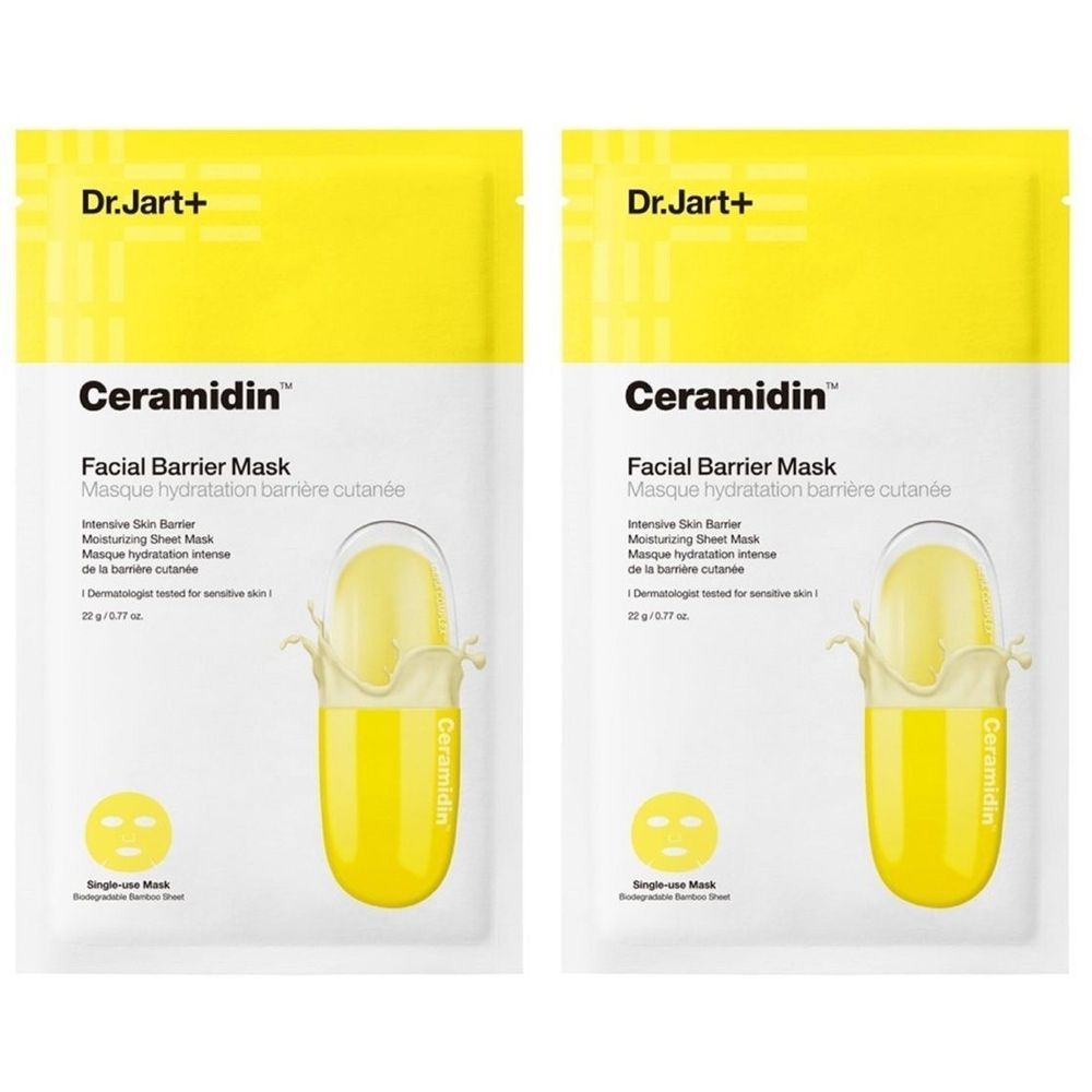 Deux emballages jaunes de masque facial Dr.Jart+ Ceramidin. Inscription: Facial Barrier Mask. Masque unique.