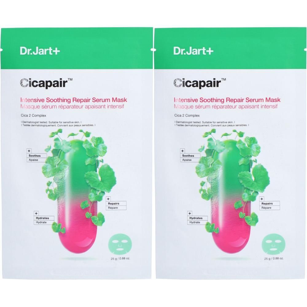 Deux masques sérum Dr.Jart+ CICAPAIR™. Emballage blanc avec nom du produit et illustration.