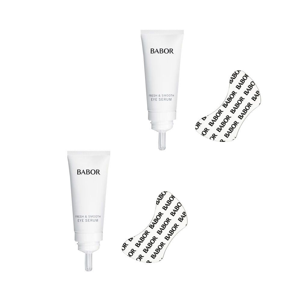 Deux tubes de sérum, des patchs pour les yeux et des gouttes de sérum. BABOR est écrit sur les tubes et les patchs.
