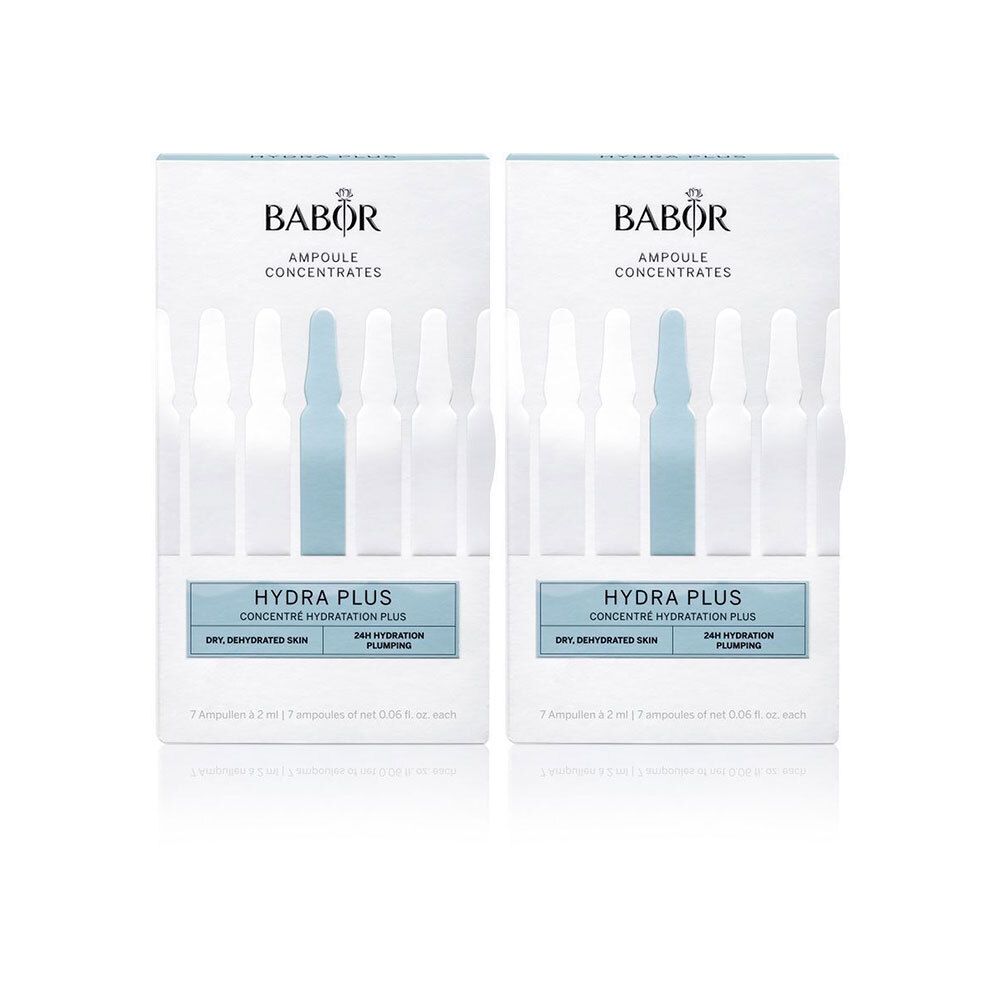 Deux boîtes d'ampoules Babor Hydra Plus. Emballage blanc avec accents bleus. 7 ampoules par boîte.