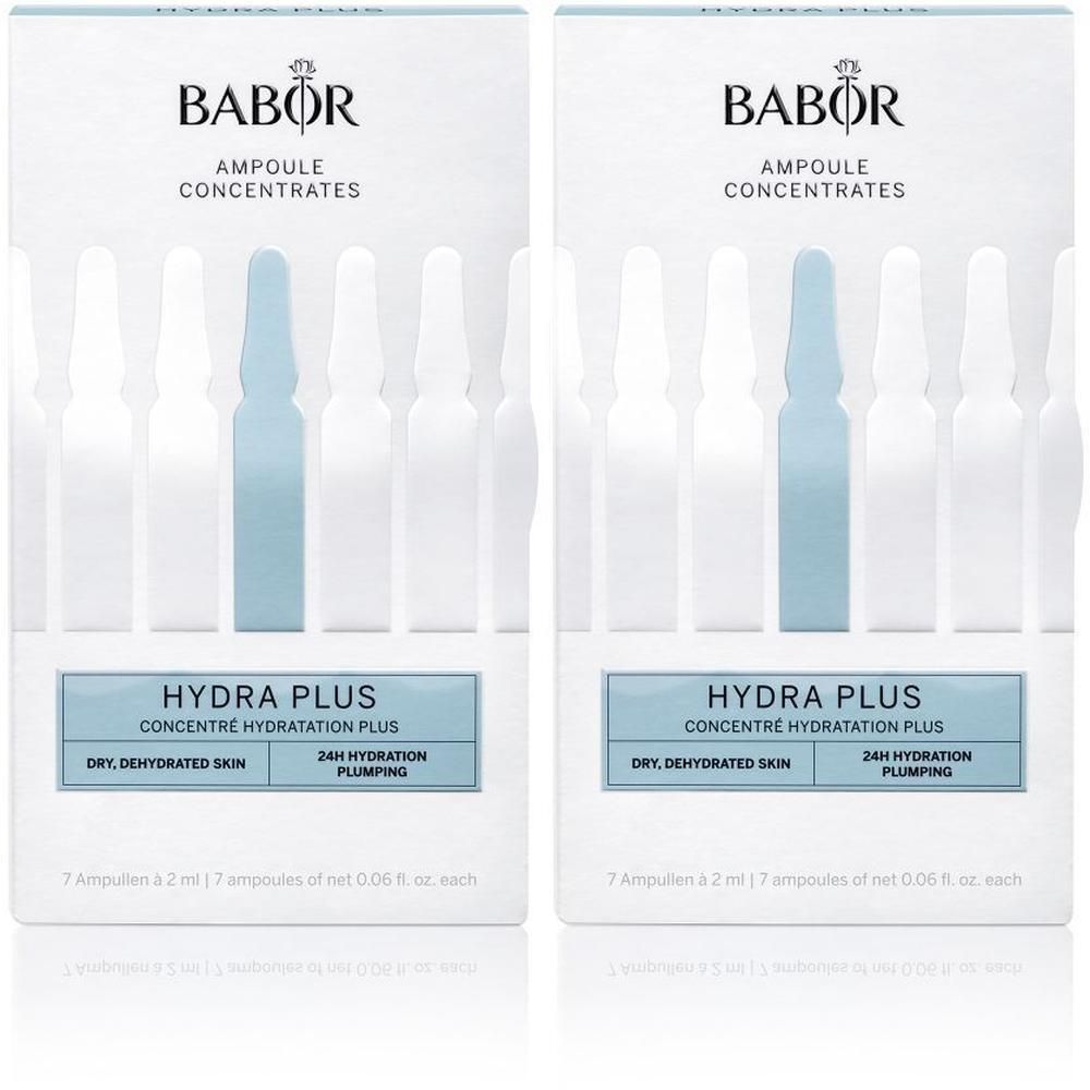 Deux boîtes d'ampoules Babor Hydra Plus. Chaque boîte contient 7 ampoules. Inscription : Hydra Plus, pour peaux sèches et déshydratées.