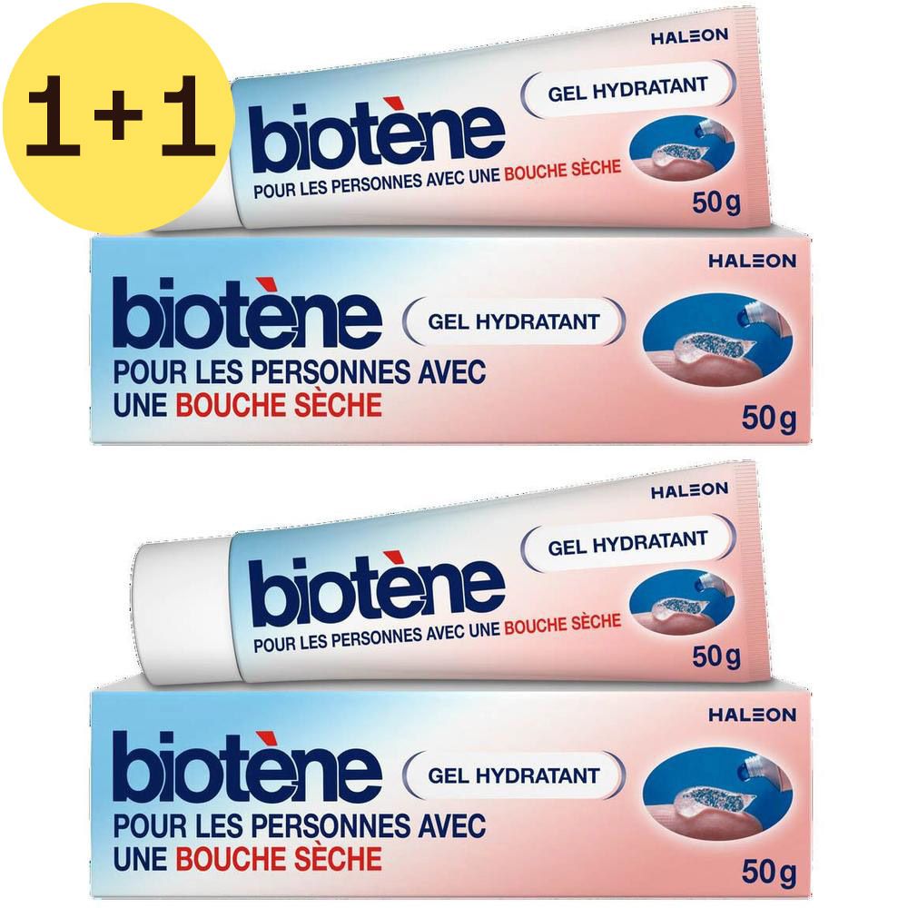 Quatre tubes de gel Biotène. Inscription : Pour les personnes avec une bouche sèche. Gel hydratant. 1+1 GRATUIT.
