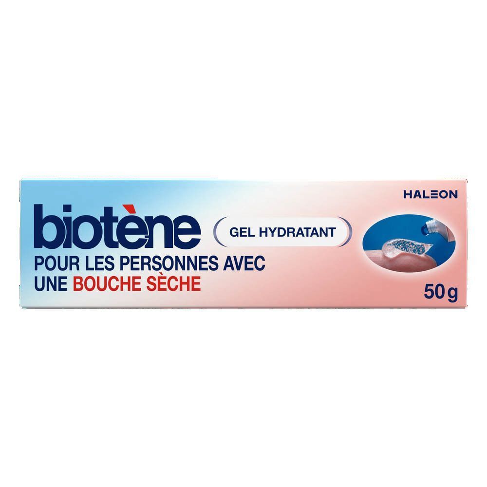 Tube de gel Biotène. Inscription : Pour les personnes avec une bouche sèche. Gel hydratant. 50g.