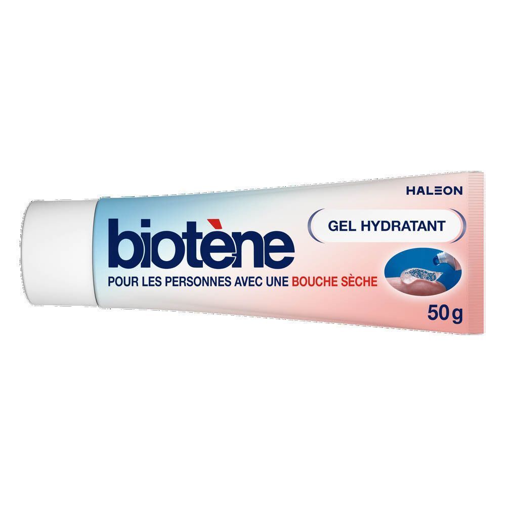Tube de gel Biotène. Inscription : Pour les personnes avec une bouche sèche. Gel hydratant. 50g.