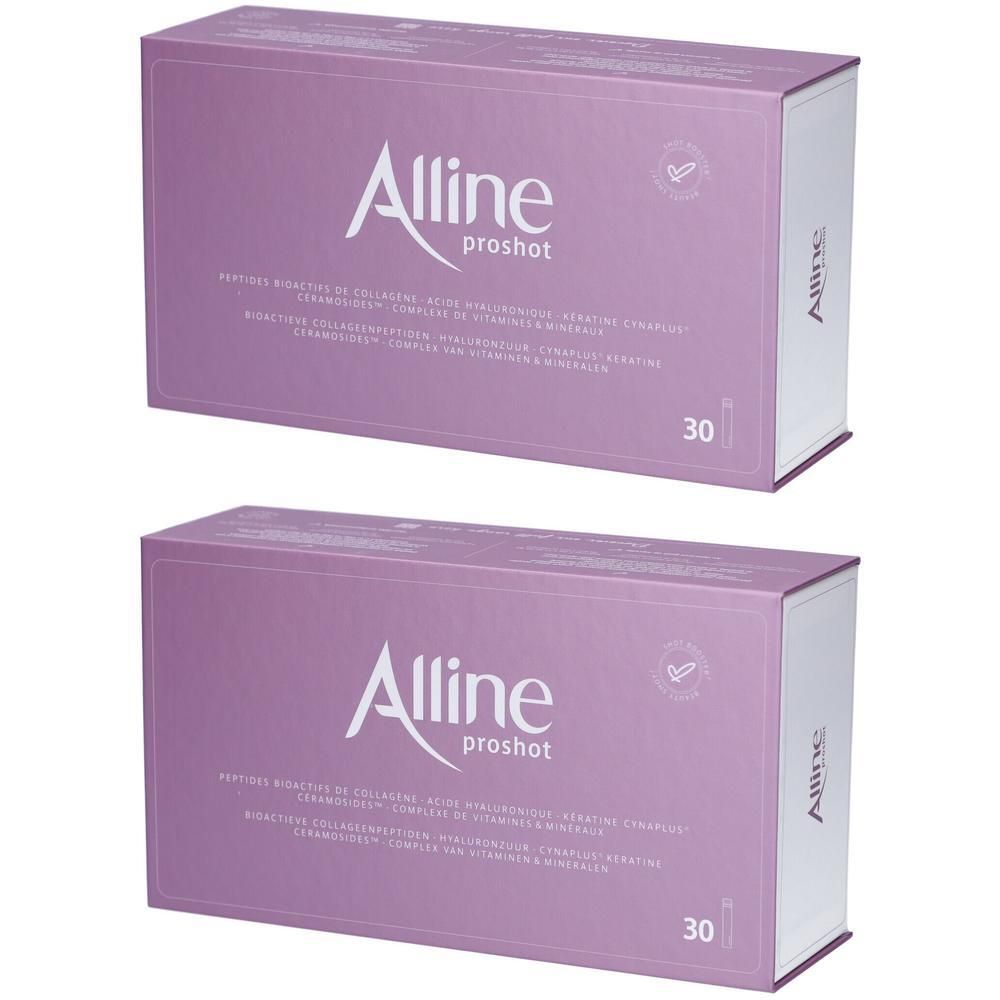Deux boîtes Alline Proshot, emballages violets contenant 30 doses chacun.