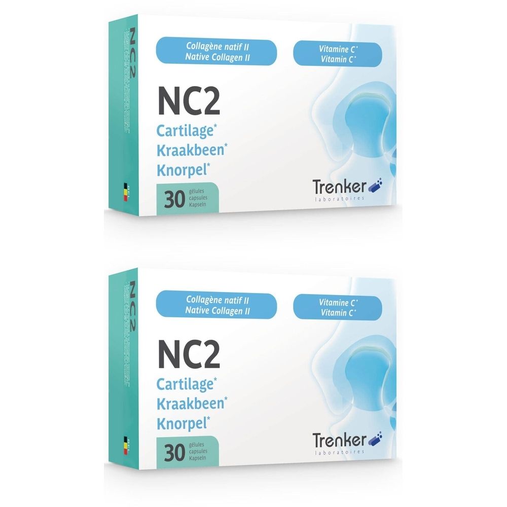 Deux boîtes de NC2, complément alimentaire pour cartilage. Inscription : Collagène natif II, Vitamine C, 30 gélules. Marque : Trenker.