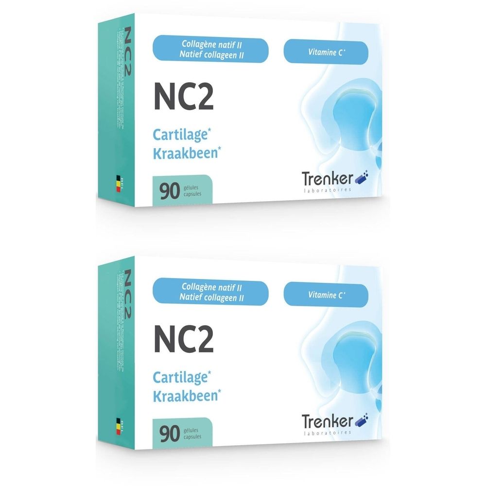 Deux boîtes de NC2 Cartilage, 90 gélules. Inscription : Collagène natif II, Vitamine C. Marque Trenker.