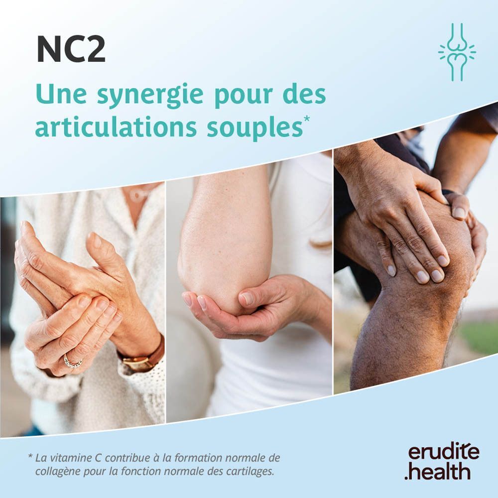 NC2 : Une synergie pour des articulations souples. Montre des mains, coudes et genoux.