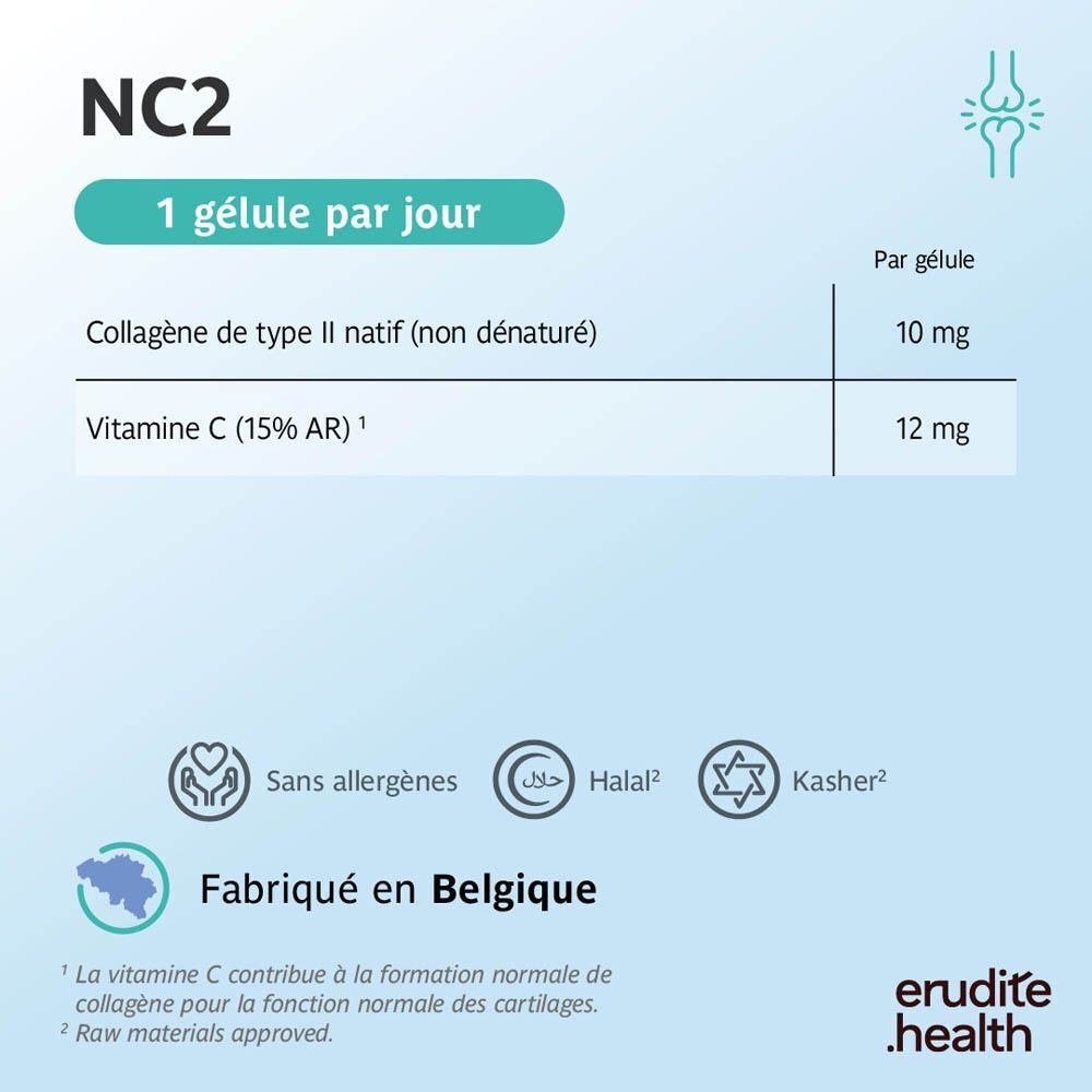 NC2 : 1 gélule par jour. Collagène II natif 10mg, Vitamine C 12mg. Fabriqué en Belgique.
