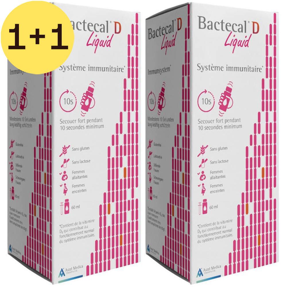 Deux emballages de Bactecal® D Flüssig. Boîtes blanches avec accents roses et informations sur le produit. Symboles et texte.