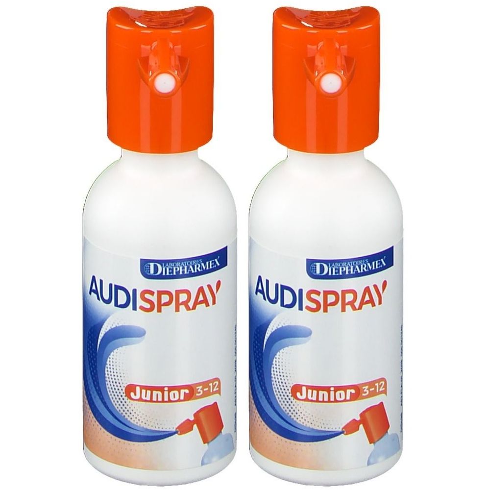Deux flacons blancs avec vaporisateurs orange. Inscription: AUDISPRAY Junior 3-12. Autocollant jaune: 1+1 gratuit.