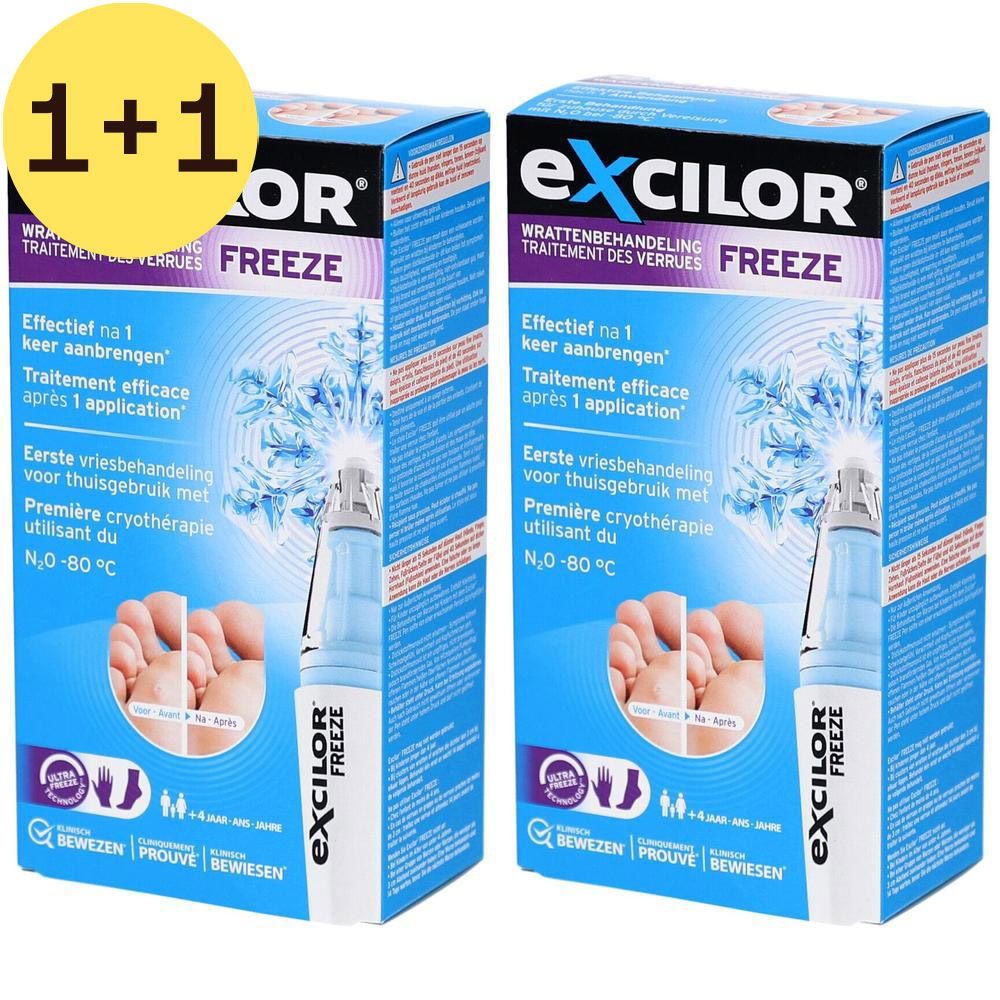 Deux boîtes Excilor Freeze. Emballage bleu avec image du produit et texte. Contient un applicateur et une image de pied.
