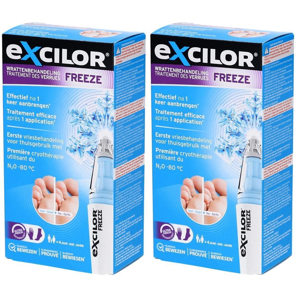 Deux boîtes Excilor Freeze. Emballage bleu avec image du produit et texte. Contient un applicateur et une image de pied.