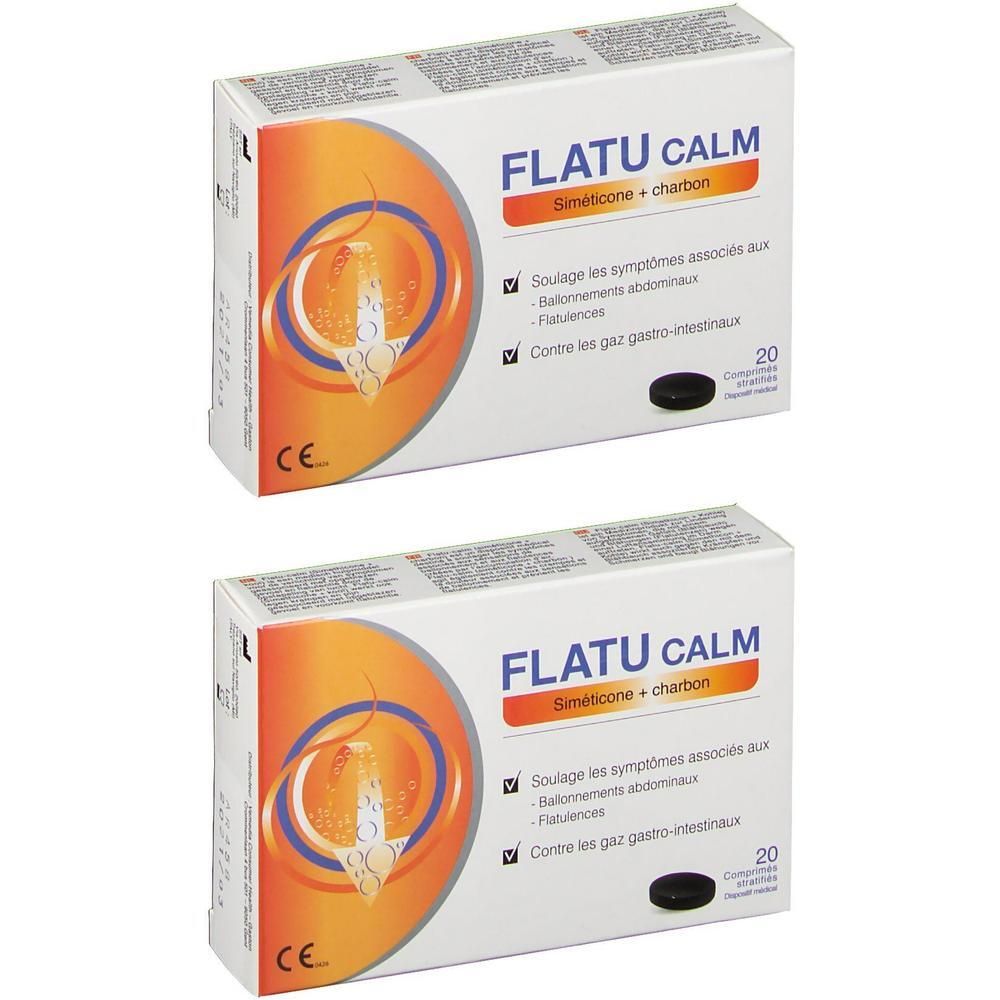 Deux boîtes de Flatucalm avec Simeticone + charbon, 20 comprimés par boîte. Marquage CE.